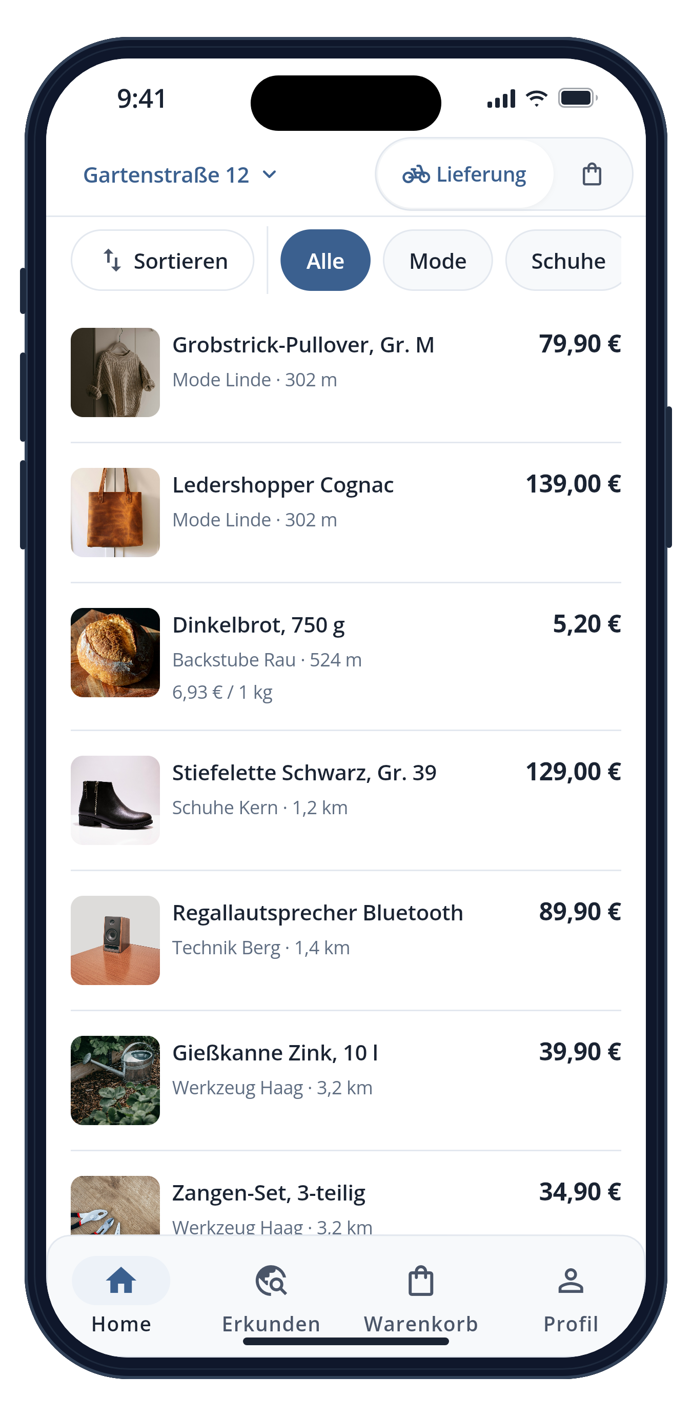 Localora-App: Startseite mit Produkten aus Läden in der Nähe