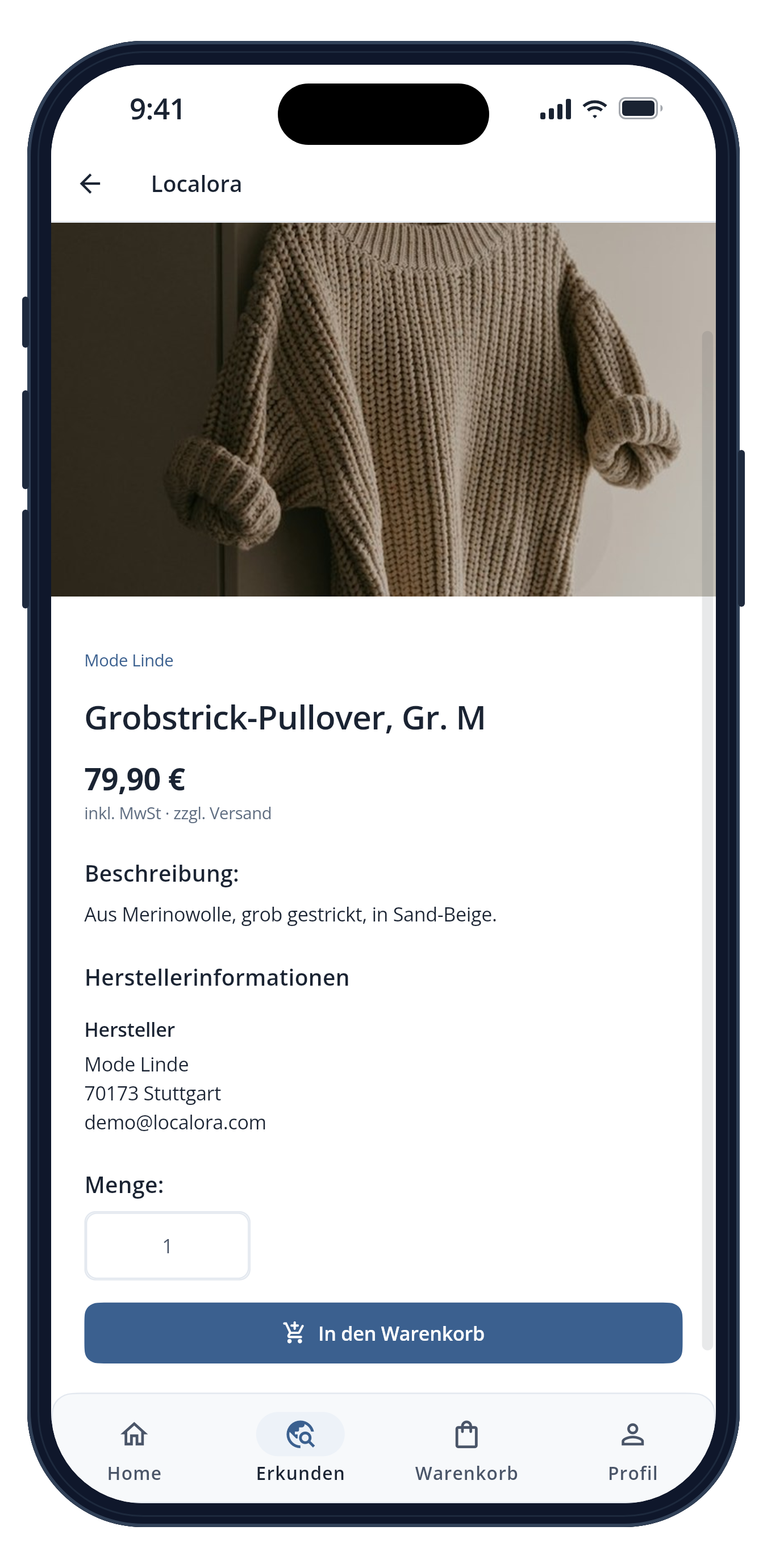 Localora-App: Produktseite eines Pullovers mit Preis, Beschreibung, Menge und Schaltfläche „In den Warenkorb“