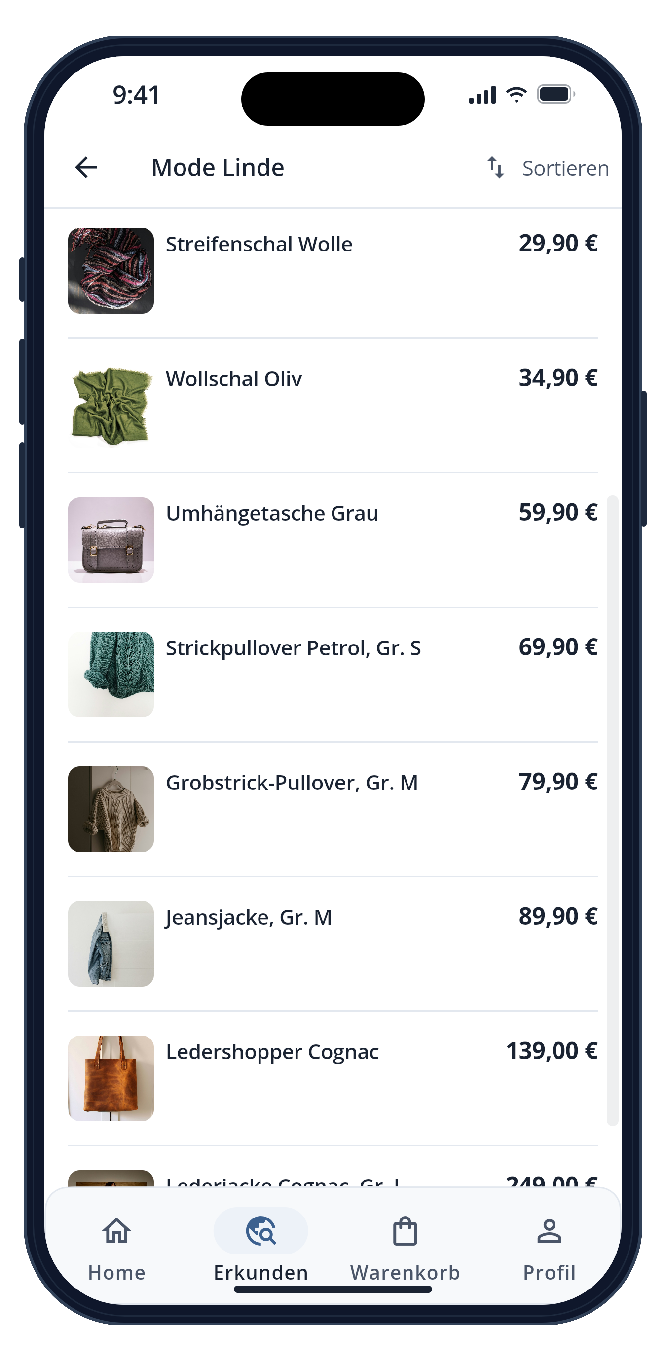 Localora-App: Geschäftsseite eines Ladens mit Sortiment und Preisen
