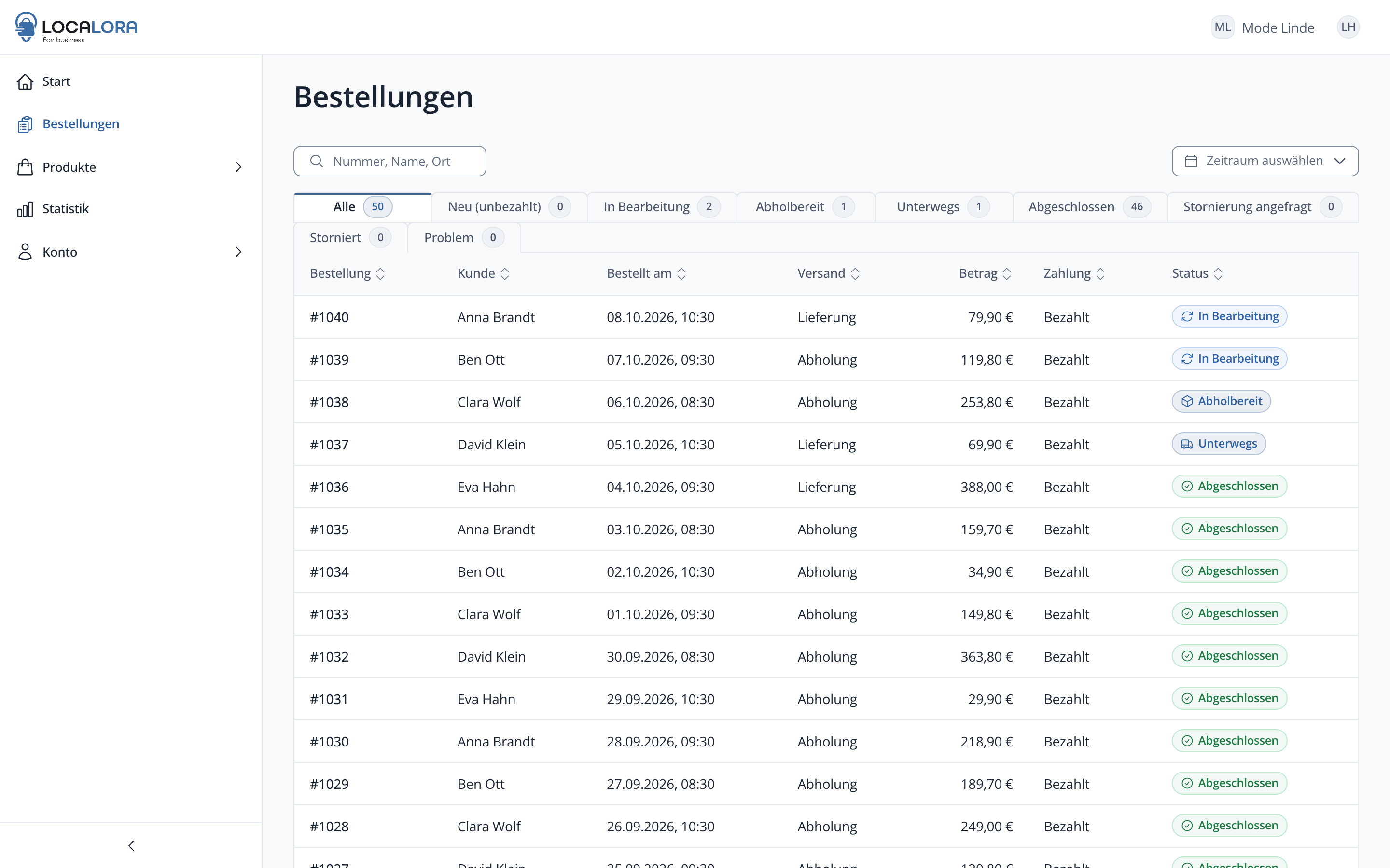 Bestellübersicht im Business Portal mit Versandart, Betrag und Status je Bestellung