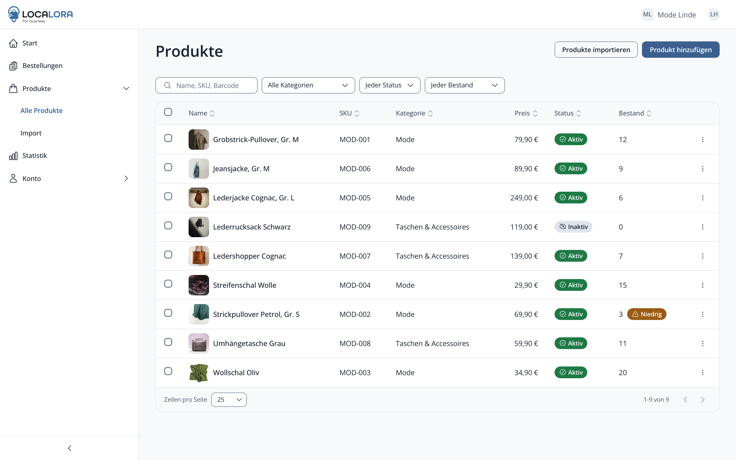 Produktliste im Business Portal mit Bildern, Preisen und Status